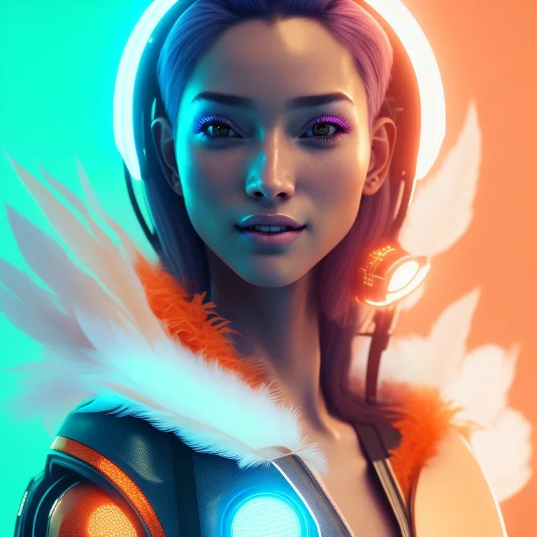 A beautiful portrait of a cute cyberpunk woman laughing facing camera orange color scheme, high key lighting, volumetric light high details with white stripes and feathers unreal 5, octane render, cinema4d, dynamic lighting, dramatic lighting, 4k, redshift render, highly detailed, hyper realistic