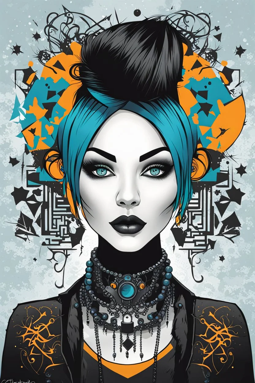 Create a wild, imaginative, goth punk girl with highly detailed facial features, in the vector graphic style of Nirak1,Christopher Lee, and Cristiano Siqueira, utilizing simple shapes and vibrant colors