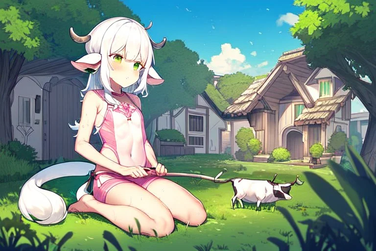 Farm, green grass, house, girl,white hair , sit on grass, cow's tail, cow's horne , cow's under, pink stomach, sweats, small breasts