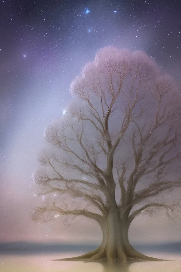 a background of softly blended blues, greys, silvers, and whites with distant, twinkling stars in the sky, an a circle moon casting a soft glow of light on a foreground of a field of various flowers surrounding a tree of life