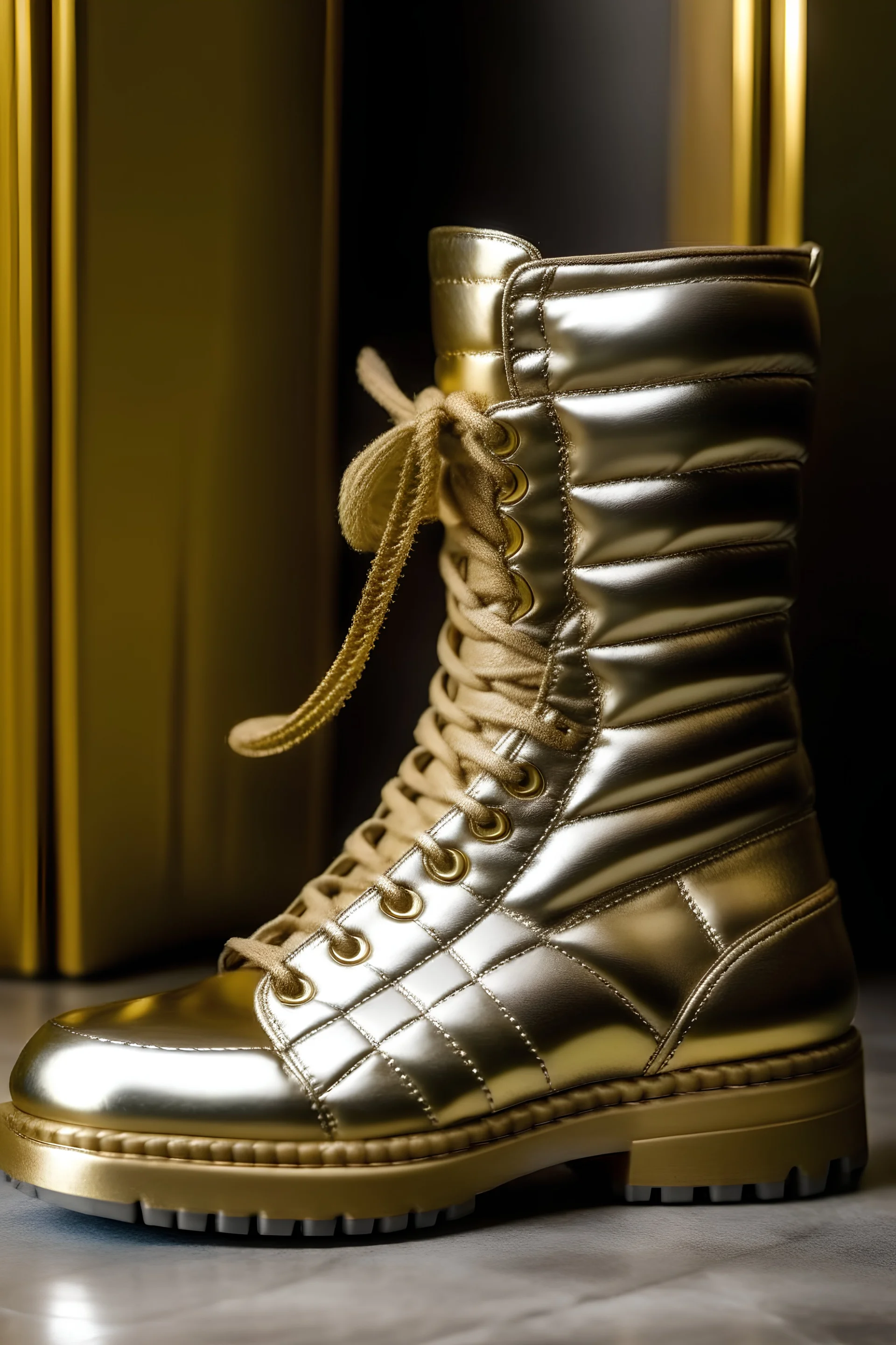 Metalic gold puffer boots with a grey embossed large grid pattern and a metalic gold sole