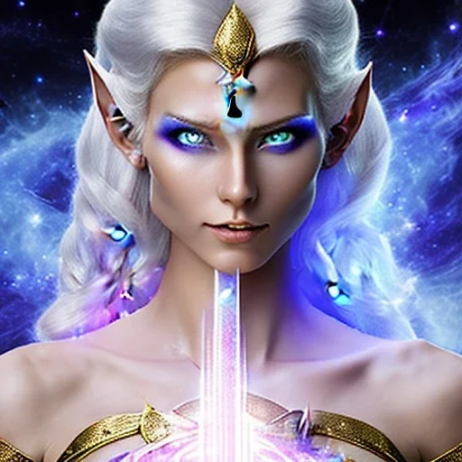 cosmic mage, elf, female, battle mage, epic, cosmic magic, long ears, white hair, face details, pale skin, jewellery, broad shoulders, glowing eyes, sharp ears, cosmic clothes, bright eyes, cosmic eyes, ears shown, light out of eyes, the cosmos in eyes, stars in eyes, shining eyes