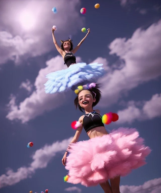 Ultra realistic speed clouds sky scene, wide angle view, cheerleader teenager falling down with many Children background, inflatable monsters, circus dress style, feather color, free jumping flying, many trinkets, hair monster, many jelly beans, balls, color smoke, smile, happy, extreme, wind, clouds sea, 20,000 feet altitude, stratosphere, soft color, highly detailed, unreal engine 5, ray tracing, RTX, lumen lighting, ultra detail, volumetric lighting, 3d, finely drawn, high definition.