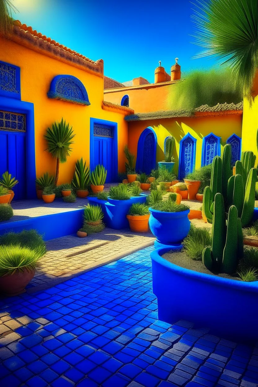 The serene Majorelle Garden in Marrakech, detailed, hyper realistic image. The garden is filled with exotic plants, vibrant blue pathways and buildings, yellow pots, water features, and a collection of cacti. A sense of peace pervades the scene.