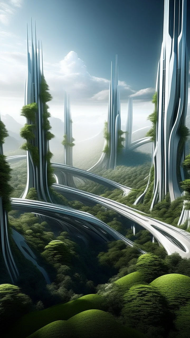 sci fi planet, tall forest, zaha hadid city, white buildings