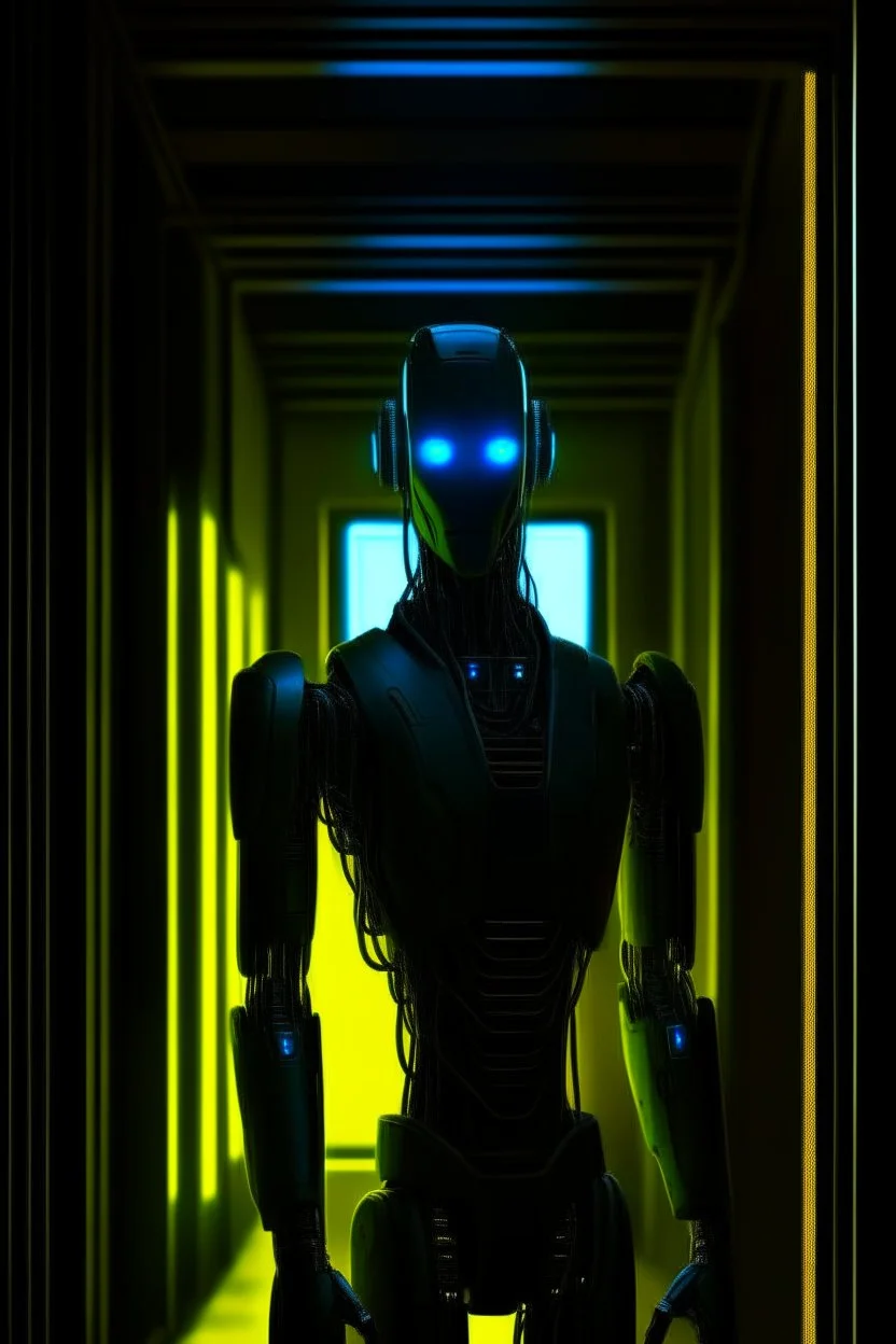 neon anime charcoal robot in forbidden obsidian chariot, prison cell hall background, guards, stares at us like we are the prettiest demon it has ever seen, its such a perfect day i am glad i spent it with you, motion blur, smoke, 8k, downlight, soft light, depth of field, photorealism, trending on art station, lotsa detail