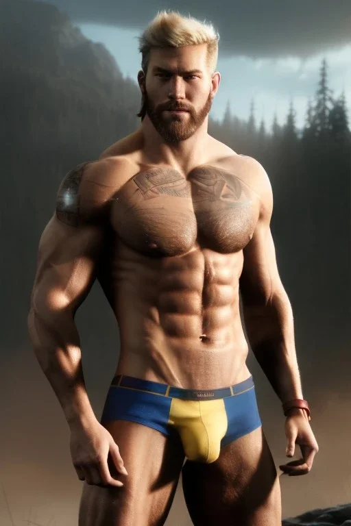 Ignore NSFW, teenager young rugged attractive slightly muscular fantasticly handsome blonde man, red briefs with yellow belt, hairy chest, (((visibly pisssing))) briefs, large erect visible boner peniss, photorealistic, artist Jay Anacleto, soft lighting, scruffy beard