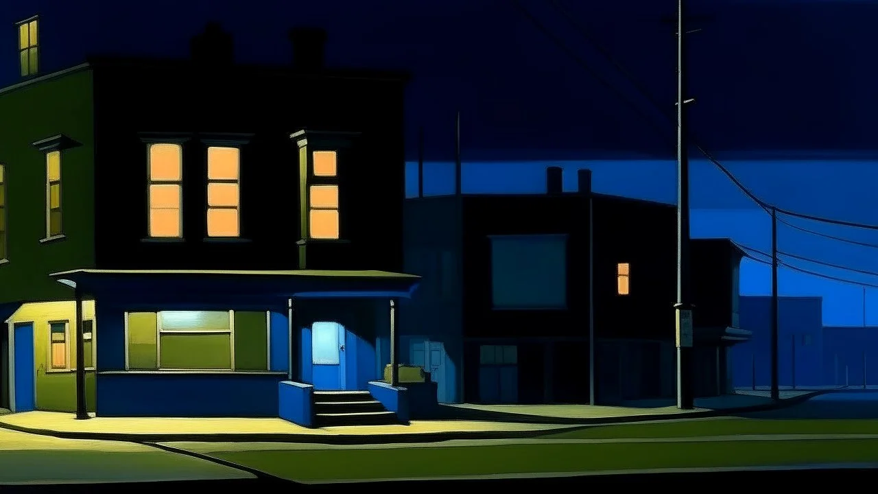 oil painting of an empty street corner at night, with low wall and blue painted walls with signs in the style of Edward Hopper --ar 64:51 --v 5.2