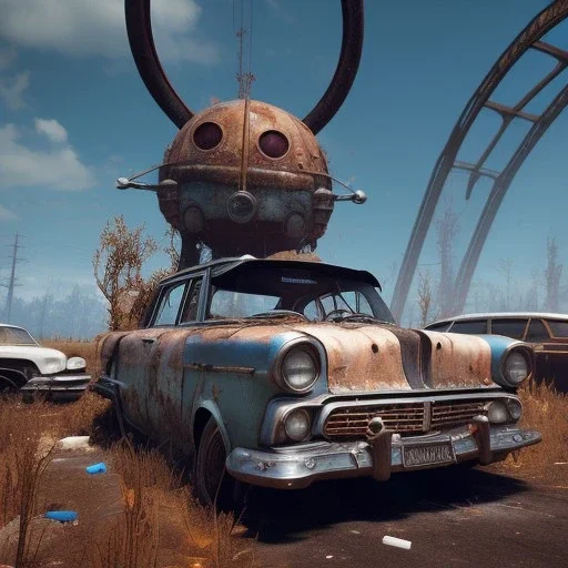 children of the atom,rags, upper body of happy cute model sitting on roof of a caravan, wreckfest, spectacular graphics, unreal, road, bridge, fallout 4