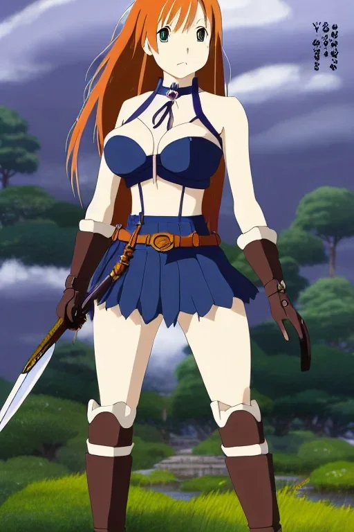 In the style of Hayao Miyazaki, concept illustration, super-detailed, beautiful teen female who is 16 years old with long ginger hair and freckles, full lips, full body, full face, b-cup breasts, athletic, centred camera, ignore NSFW, skimpy brown fantasy leather armor, halter top, micro thong, knee-high leather boots, open leather skirt, stern expression, cute pose with hands behind butt