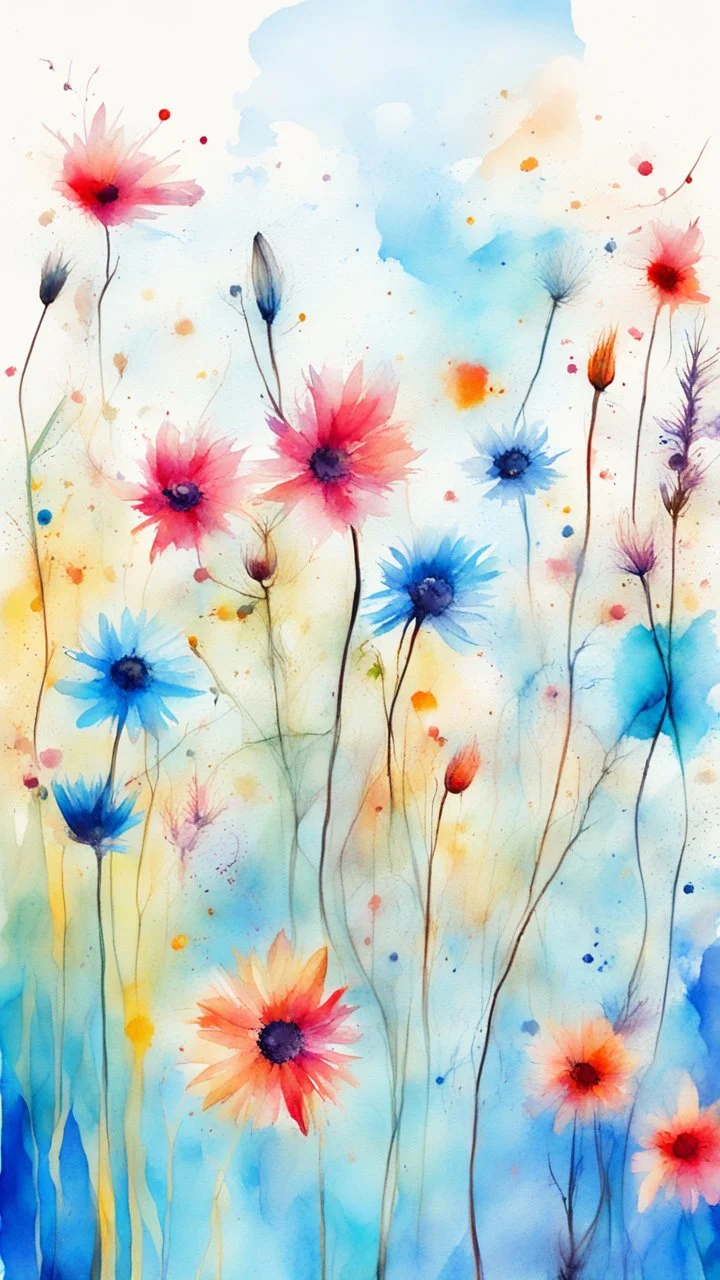 a smear . Field of wild a colourful flowers watercolor drawing on a blue splash colors background, fine lines draw, surreal, Bosch painting style