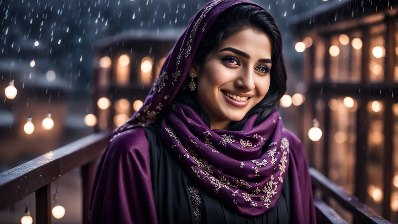 Hyper Realistic Photographic View Of A Gorgeous Pashto Young Woman (Wearing Long Purple Coat With Black Dress With White Embroidery & Wearing Maroon Scarf) Alone Happily Standing & Giving a Bold Smile With Dimples On Her Cheeks In Her (Black Walled) On Her Fancy Balcony Decorated With Fairy Lights With Her Beautiful Long Black Hair With Heavy Rainy Night Showing Dramatic & Cinematic Ambiance.