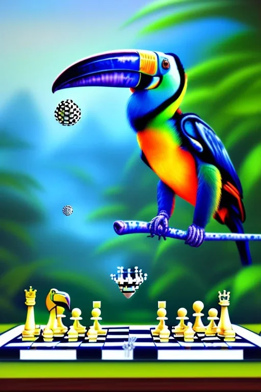 blue spider playing chess with a toucan, neo-impressionism, trending on artstation, jungle setting, soft pastel colors,