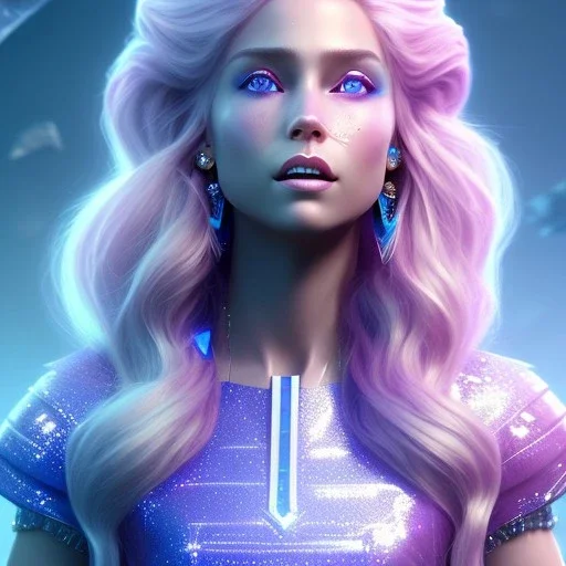 A portrait of a full body crystalised blue pink queen,smiling face, blue eyes, long blond hair, atmospheric, realistic, unreal engine, lighting