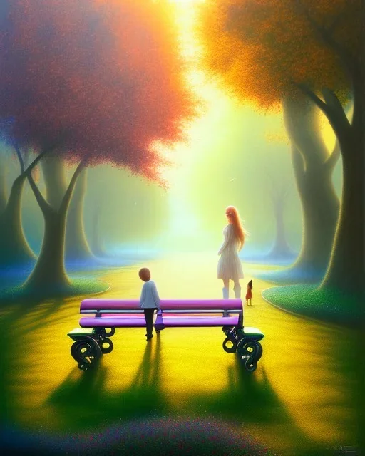 park mystical dream, park bench, man, woman, child, dog, trees, path, bird, sunshine, mystical, fantasy, romanticism, pastel colors, daylight, daytime, acrylic painting, detailed, soft focus,