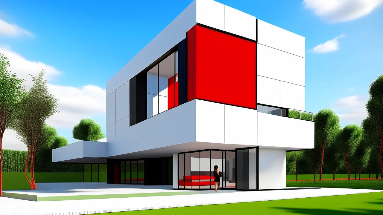 Image showcases a modern, minimalist architectural style house with a cubic layout. The building features a white facade with bold red and black accents, including large, protruding window boxes. The structure is set in a lush green landscape with a clear blue sky in the background. There are two people visible; one is standing near the entrance, wearing a red dress, and the other is sitting on the grass. The house has a flat roof and large glass windows, providing a sleek and contemporary appea