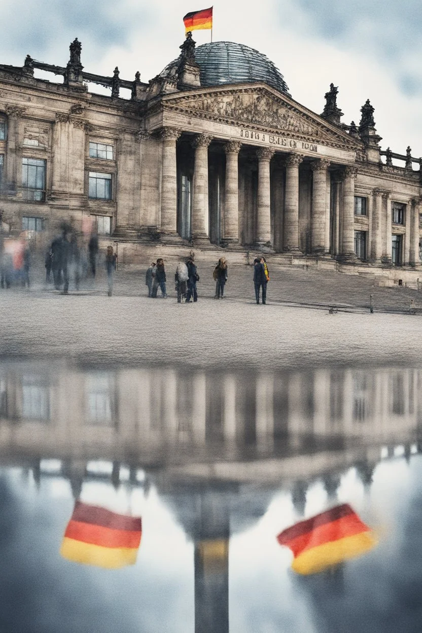 Typical Germany, Reichstag architecture, one small German flag hanging on the facade of the building. People on the street are reflected in a puddle on the asphalt. Watercolor style. 8k quality