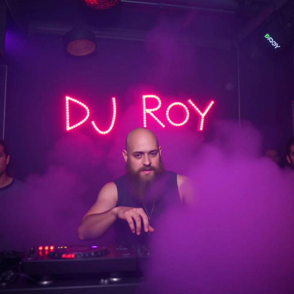 A DJ performing at dance club, his name DJ ROY and looks crazy, bald with beard. Neon lights and smog, DJ ROY SIGN ON WALL