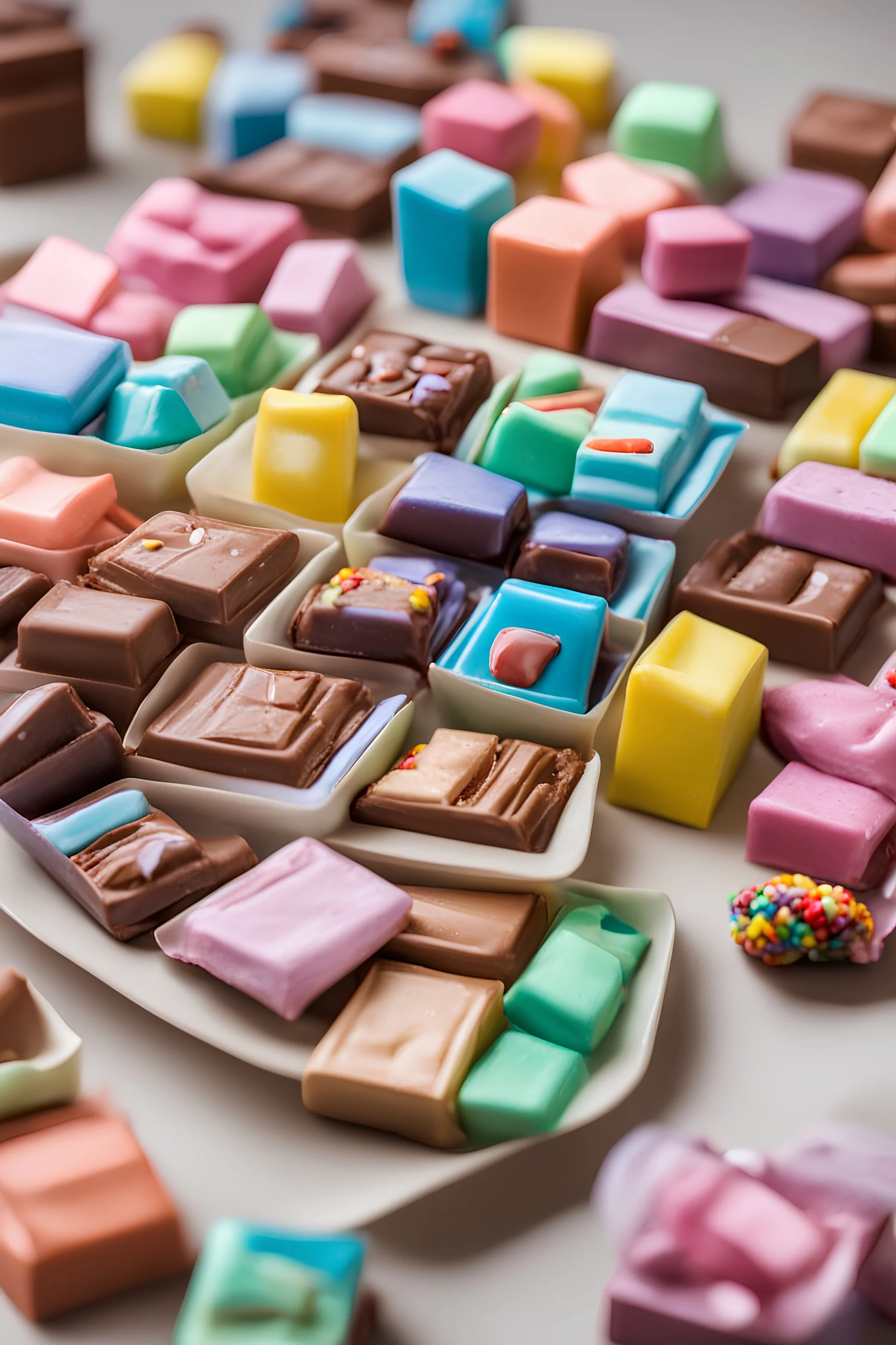 piccole scatole di cioccolatini colorate su un tavolo con bomboniere