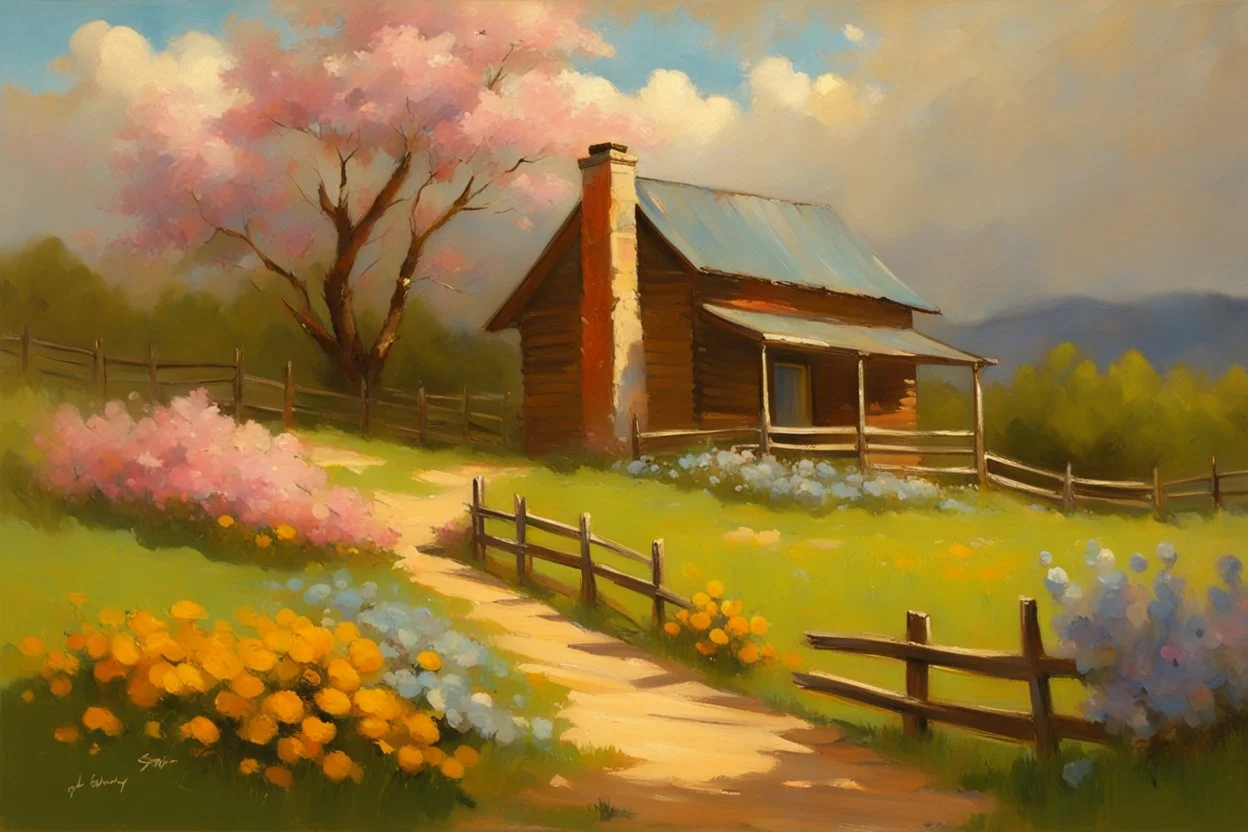 Clouds, cabin, spring trees, little pathway, fence, flowers, john singer sangent impressionisn painting