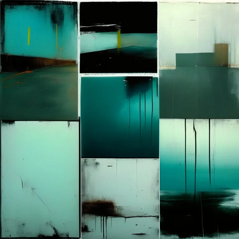 Minimal abstract oil paintings of a desolate 1960. On the floor are concrete fragments and road markings . In the dark mysterious style of Justin Mortimer and Francis Bacon. Triadic colours