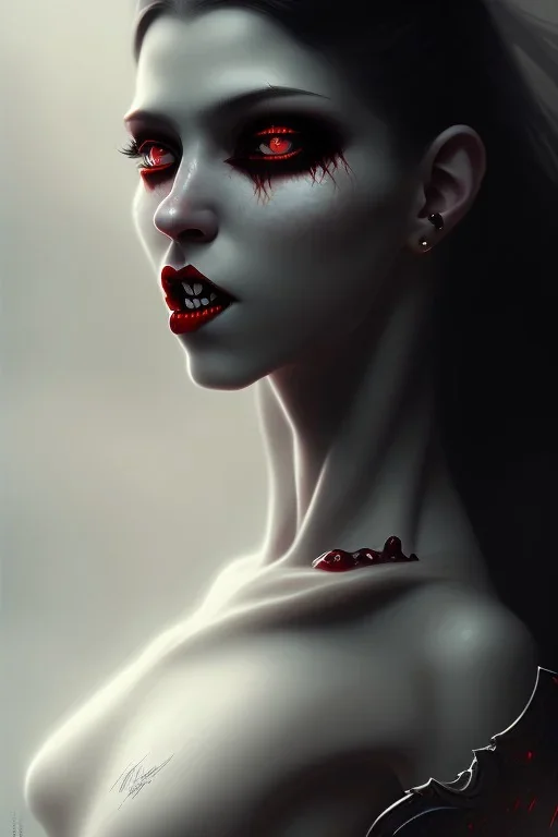 Dracula Vampire girl, cute, beautiful, white eyes, red lips, black hair, vampire tooth with bangs, goth, close up portrait by Greg Rutkowski