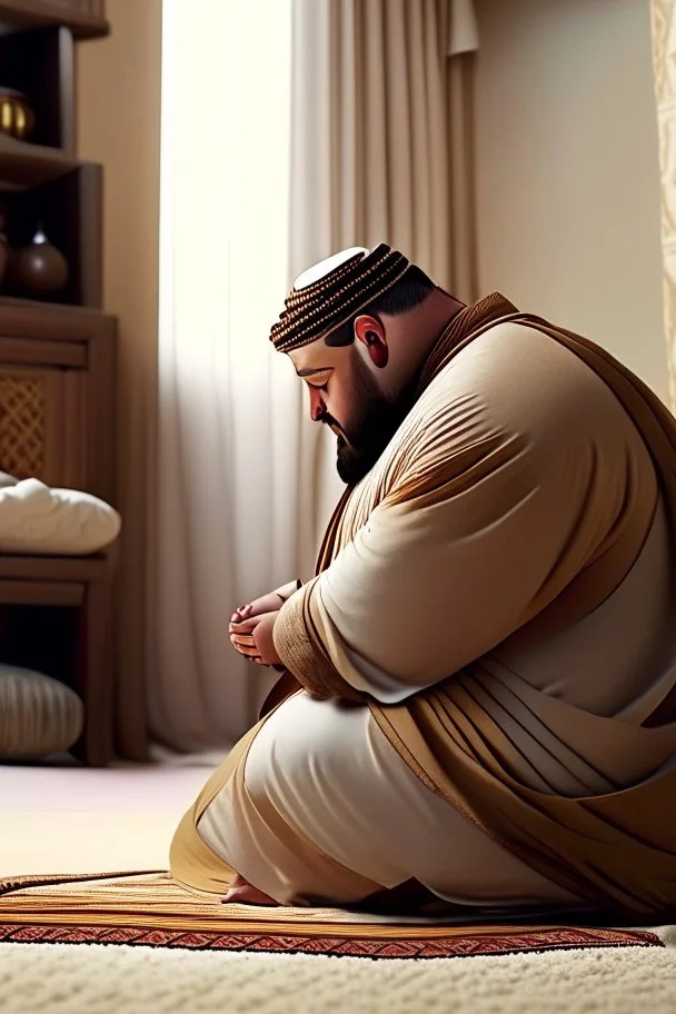 close up photography of a Burly arab 26 year old stocky short chubby man on his knees, short beard, dressed in an brown economic traditional caftan with pants and sandals, photorealistic, ambient occlusion, in a simple living room, ambient occlusion, side view from the bottom