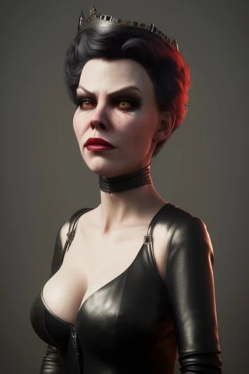 Hannah Waddingham as evil queen in black leather, busty, cleavage, voluptous, rebecca Welton, angry, stern look. character design by cory loftis, fenghua zhong, ryohei hase, ismail inceoglu and ruan jia. unreal engine 5, artistic lighting, highly detailed, photorealistic, fantasy