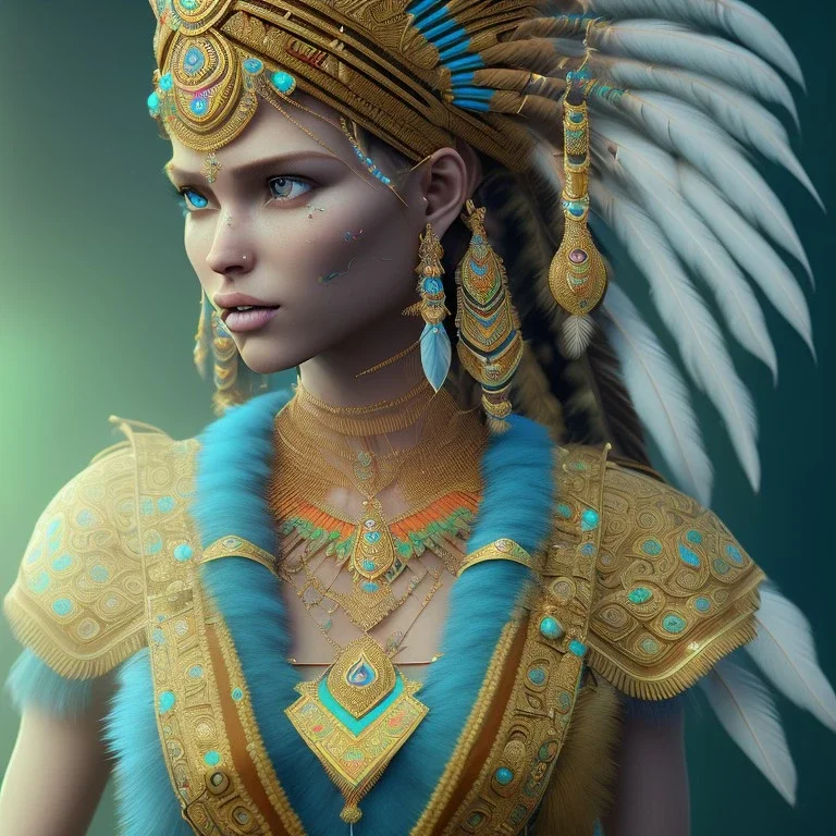 Indian, 12k, ultra high definition, finely tuned detail, unreal engine 5, octane render, ultra-realistic face, realistic headdress, detailed turquoise jewellery, detailed hair, detailed feathers, full-frame shot