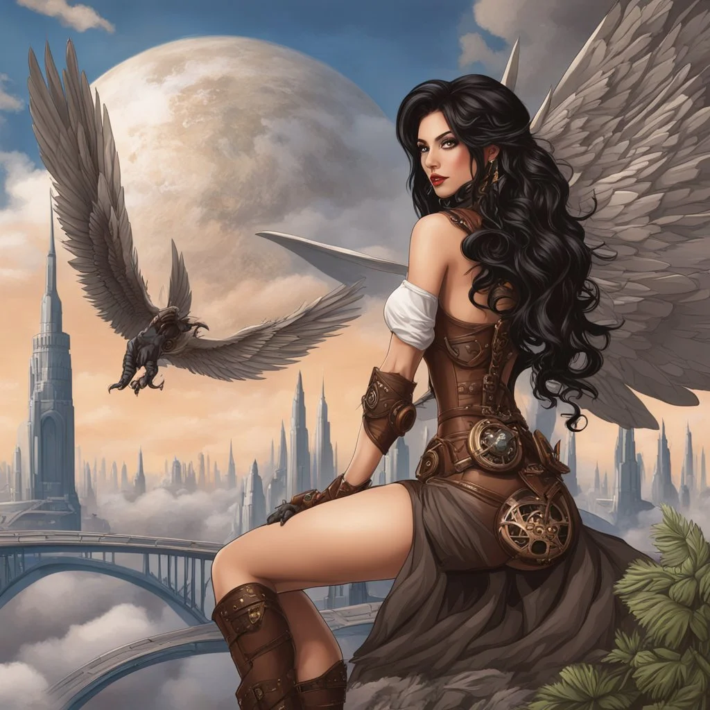 exotic sci-fi steampunk pin-up girl, with long dark hair and wings, on an alien planet with cloud trees, tall spires, buildings, bridges, arches