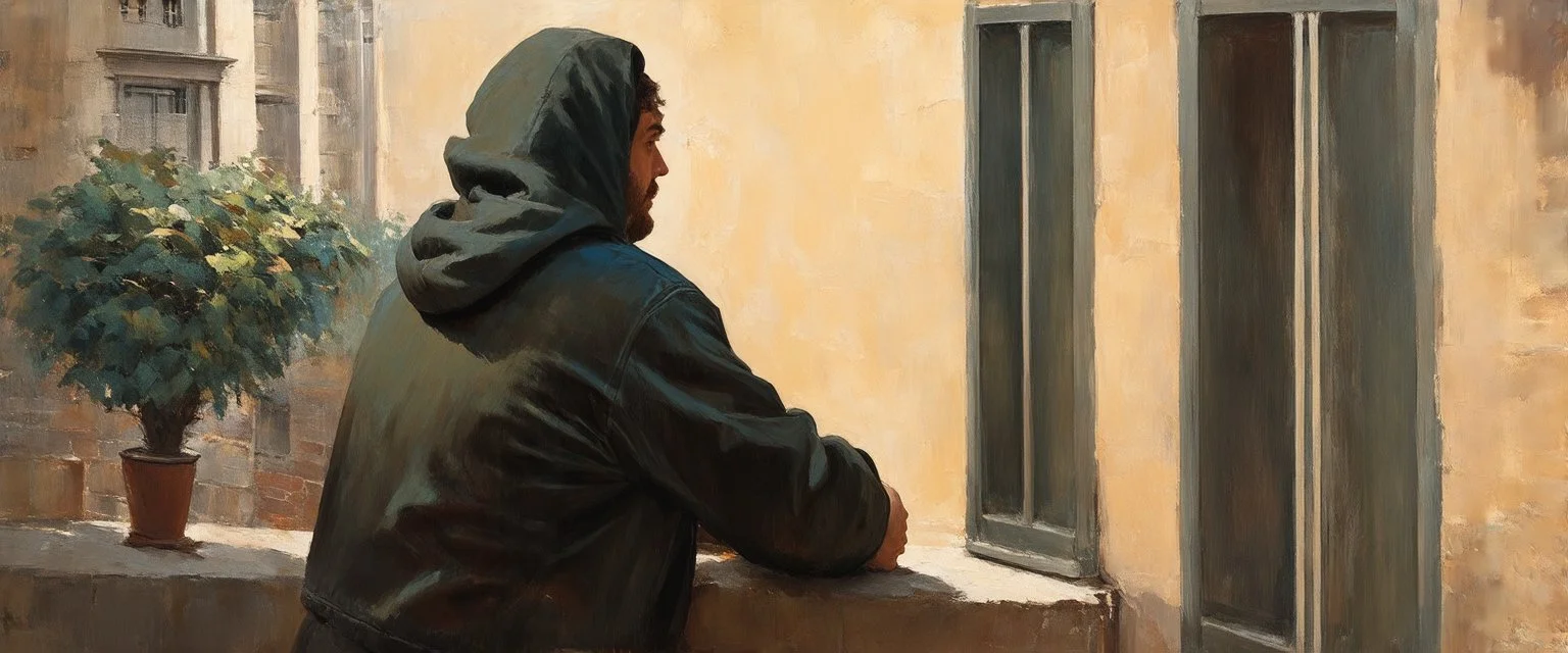 man in a hoodie is watching from the balcony painted by andrea del sarto