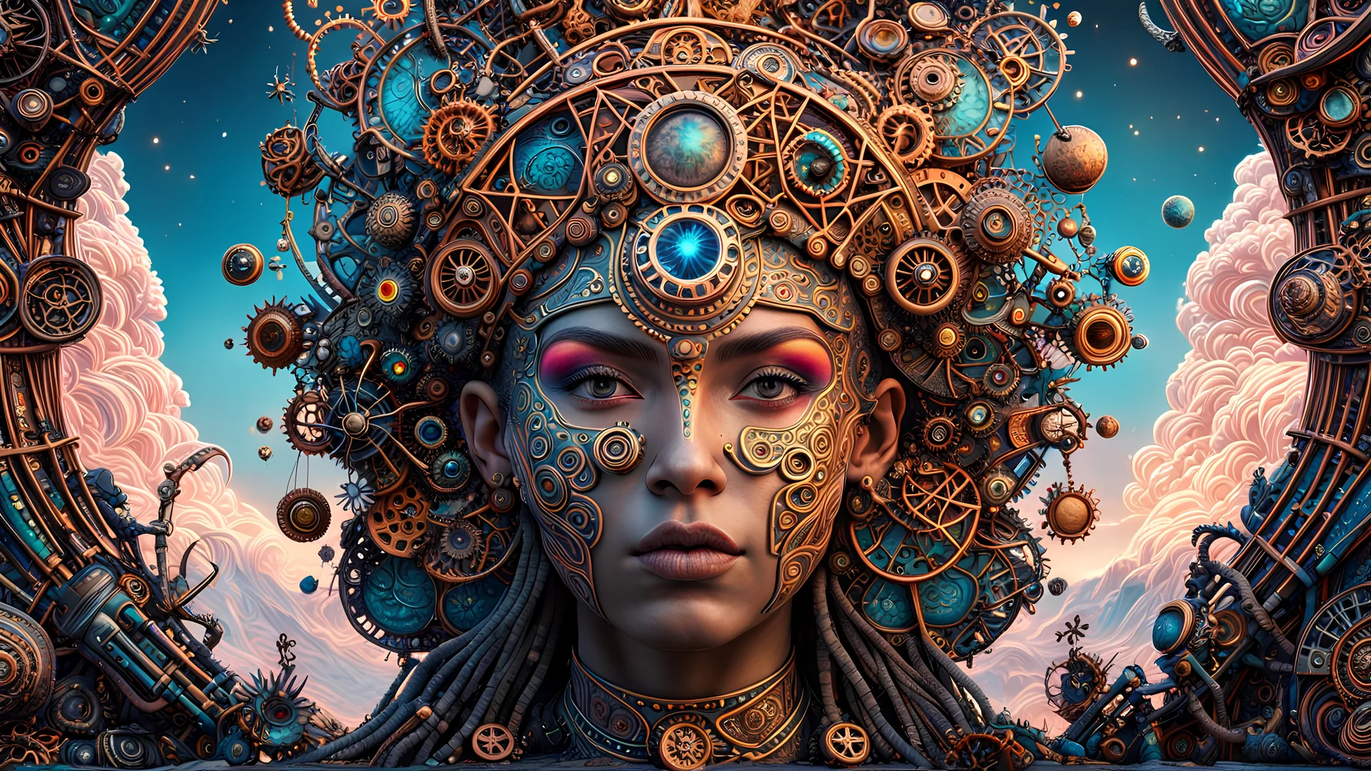 3D rendering of expressively detailed and intricate of a hyperrealistic dreamscape: symmetric, front view, colorful paint, tribalism, steampunk, shamanism, cosmic fractals, dystopian, octane render, volumetric lighting, 8k post-production, detailed metallic objects, dendritic, artstation: award-winning: professional portrait: atmospheric: commanding: fantastical: clarity: 16k: ultra quality: striking: brilliance: stunning colors: amazing, beautiful, stunning composition