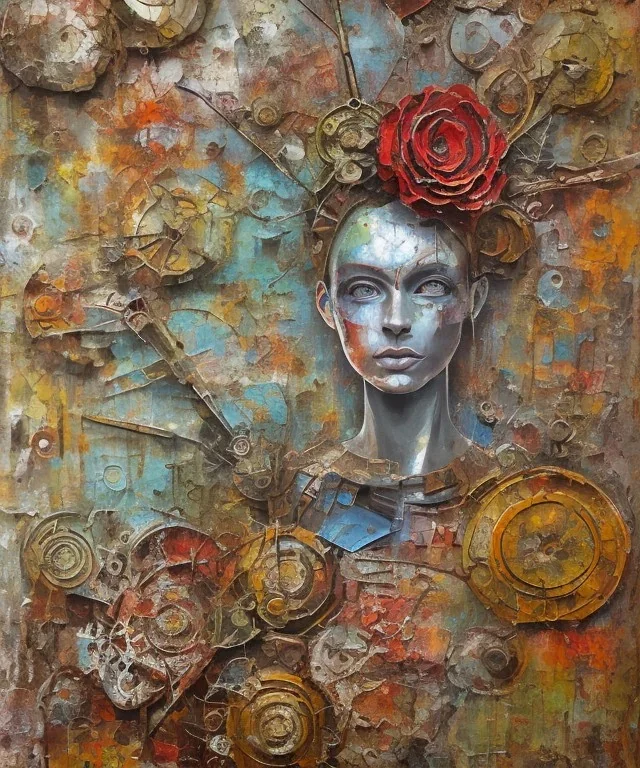  an abstract painting of rusted metal and flowers, african portrait, rust, scaffolding, iron cladding, decay, mixed media, textured, anatomically correct, beautiful perfect face, sharp focus, highly detailed, injured face