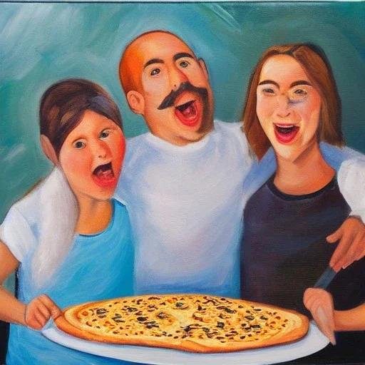 Three happy people eating pretzel pizza,oil painting