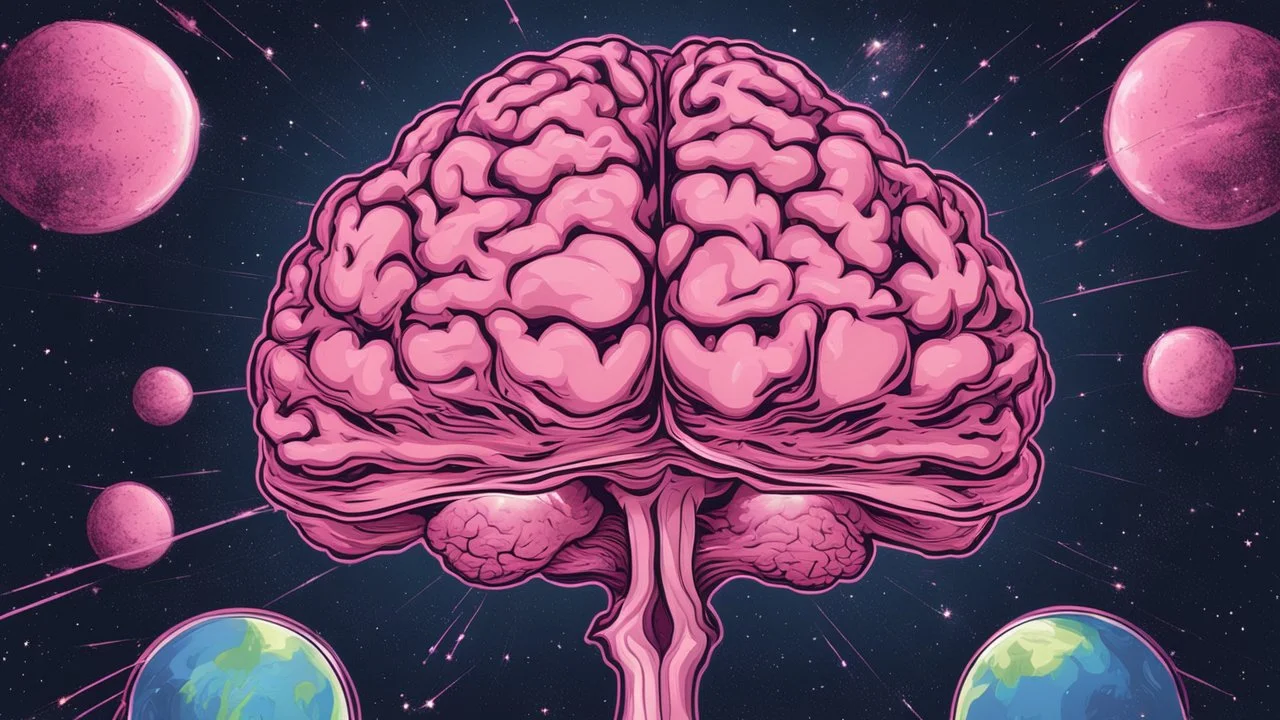 Comic style, bare transparent pink human brain flying trough the universe, background galaxy's