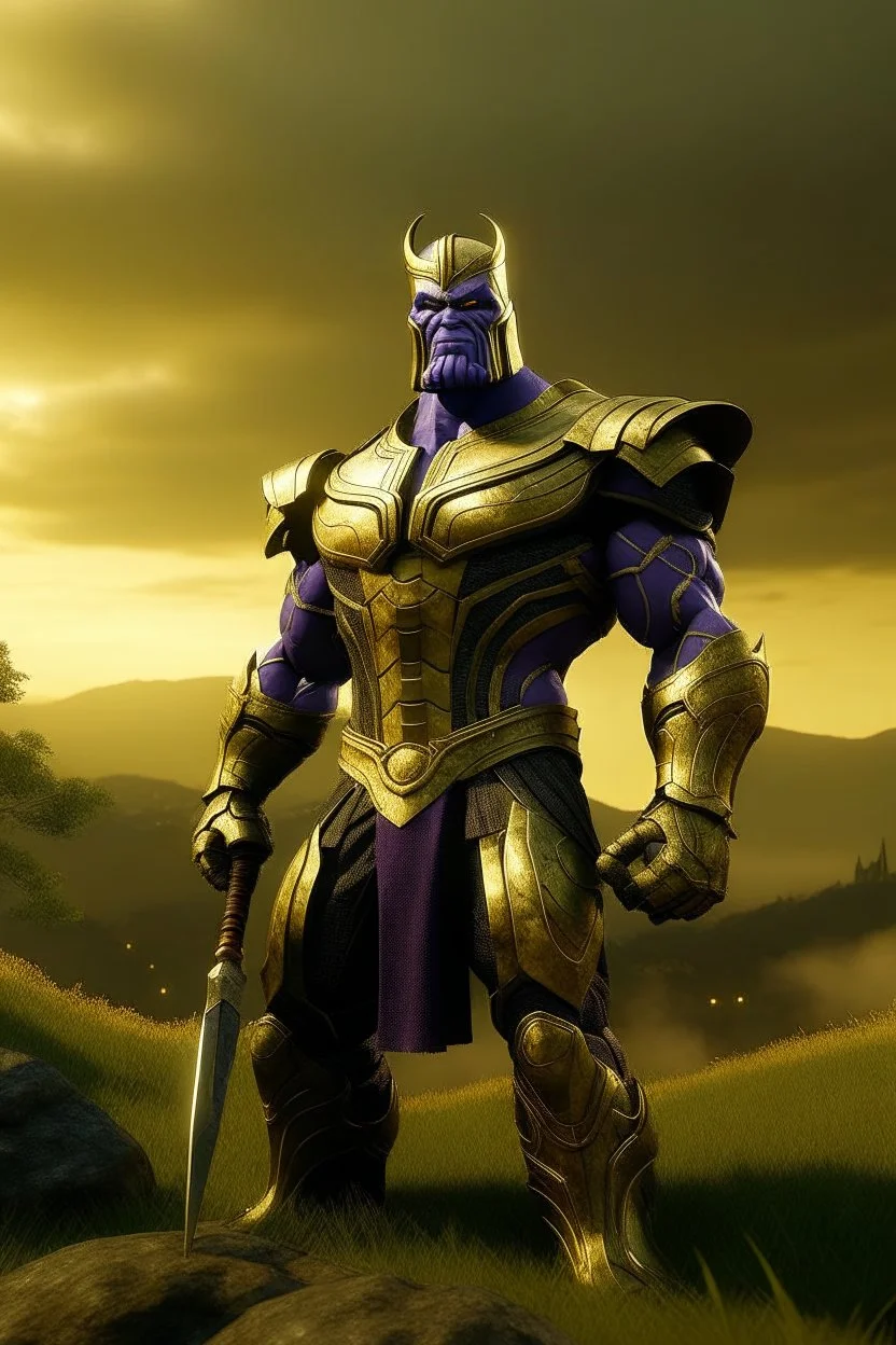 Thanos, the commander of the army of aliens and the king of the entire galaxy, is ready to go on a campaign with his two large swords, his very beautiful and impenetrable armor with his golden helmet, standing on top of a hill with his sword with infinity gauntlet