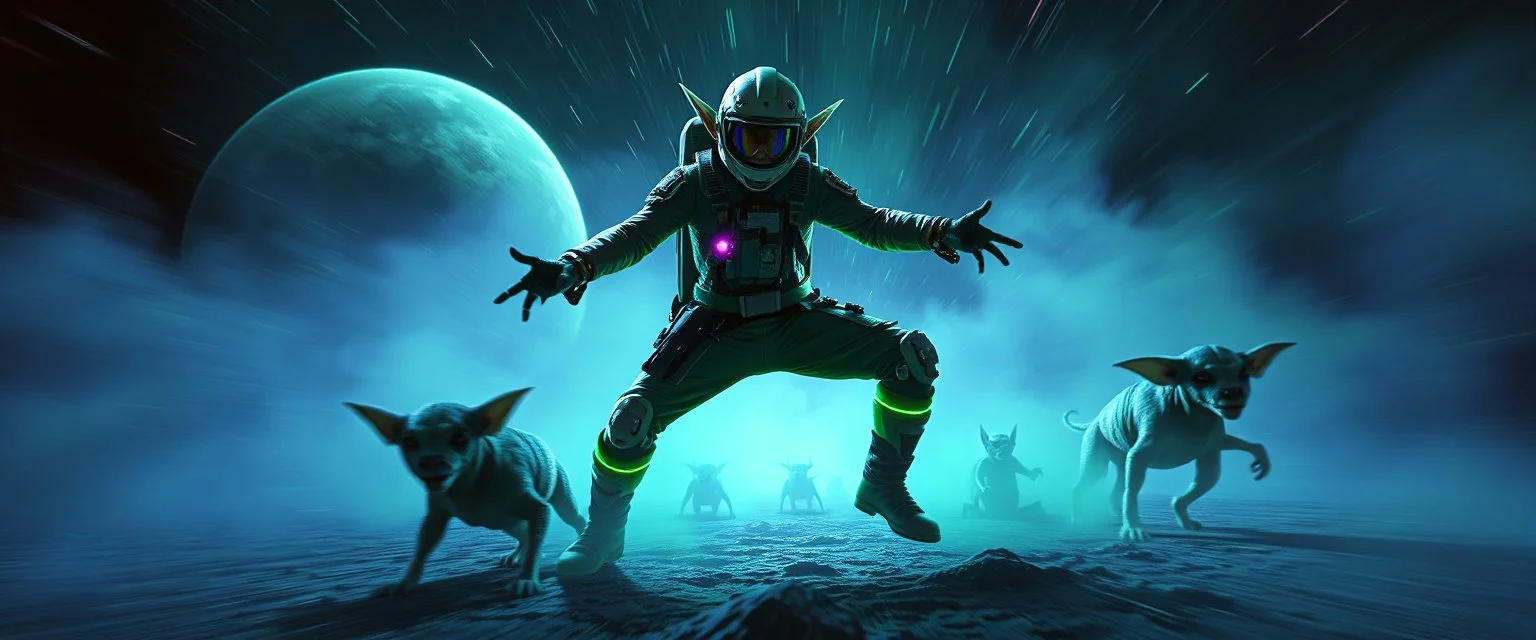 A space elf cowboy biker astronaut named Dave started doing the splits, Blew a fuse in his hips and short-circuited his bits, The Martian fluffy gremlins went wild, the Plutonians dogs screamed, Even black-and-white aliens turned ultraviolet green! in the style of fallout 4 and HR Giger, background motion blur , and volume fog spot lights
