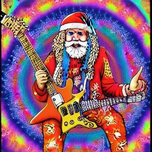 hippie Santa playing electric guitar psychedelic peace sign, MUSHROOMS, TRIPPY, ACID, LSD