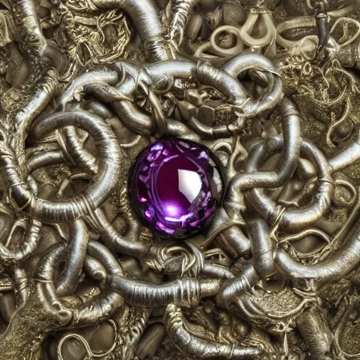 fantasy, digital art, scroll holder, object, bounded by chains, metallic, dark metal, ruby encrustations, massive, engravings