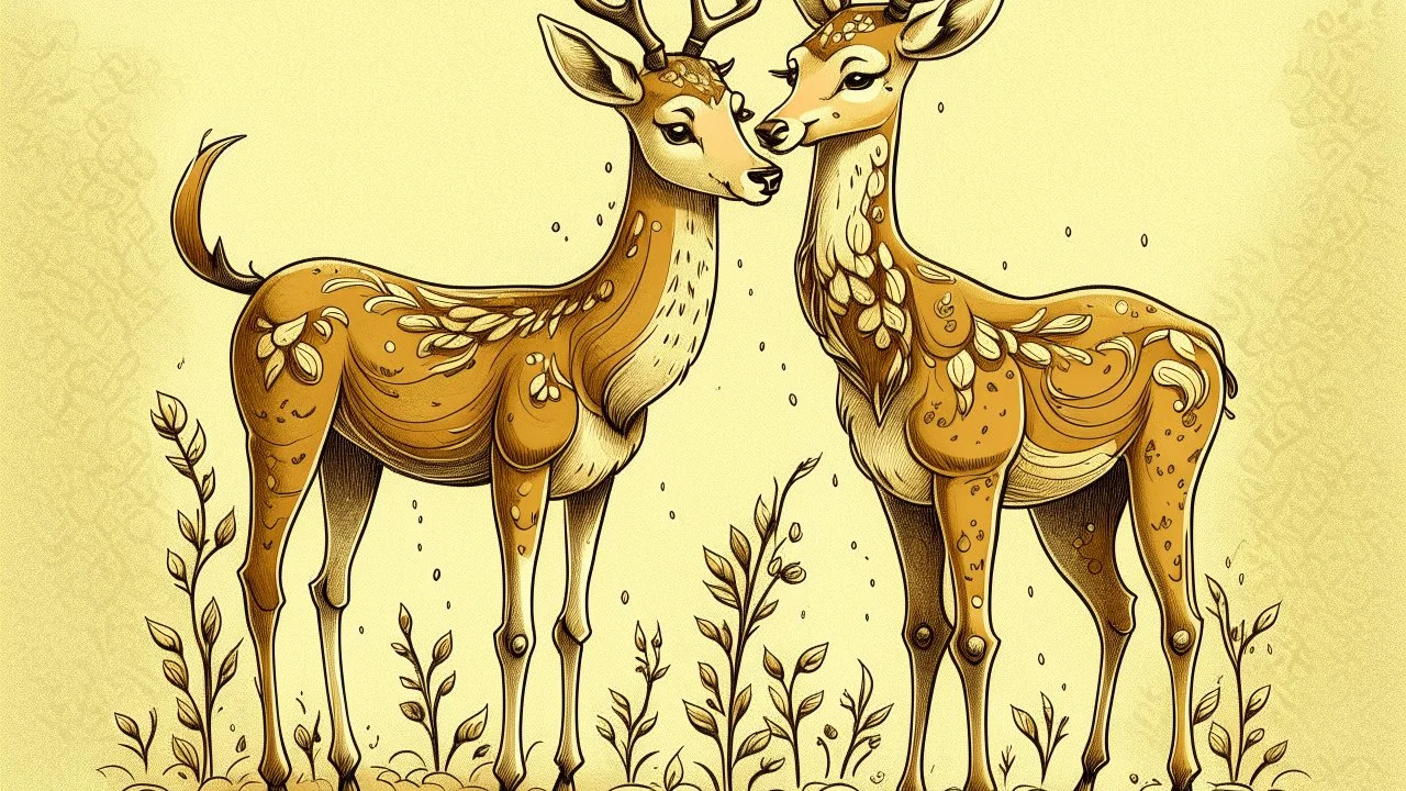 a whimsical illustration of 2 deer, a female deer on the left with body facing left but is looking back to the right, while on the right is a male deer facing left with a look of mild excitement while he glancing at the other's butt, both have upward tails