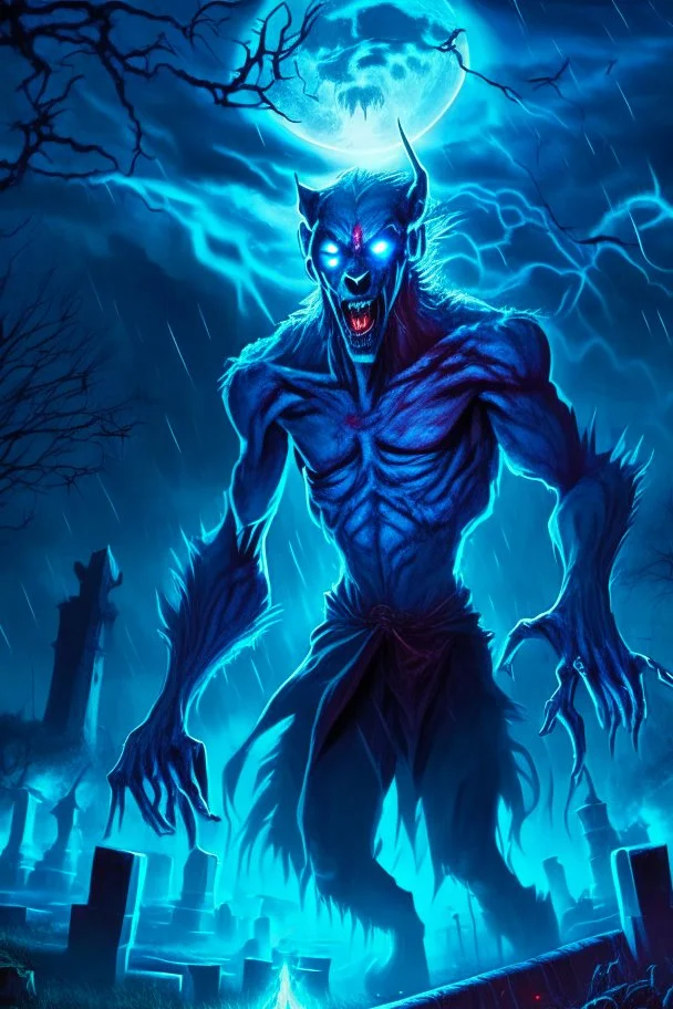 a very thin male glowing blue ethereal werewolf with a long wolf snout and claws and glowing red eyes in a graveyard at night during a thunderstorm