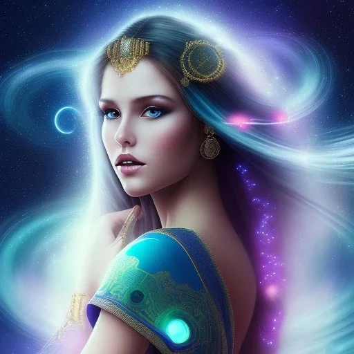 beautiful woman with long hair look the stars and northern aurora blue turquoise lights, blue, pink,