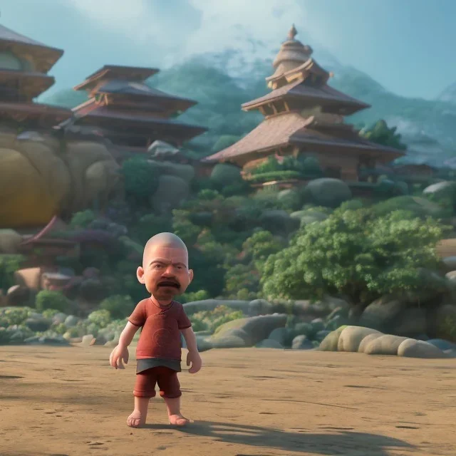 Walter white toddler, full body, angry, Buddha body, dynamic pose, tokio background, dramatic lighting, hyper realistic, unreal engine, 8k, upscale