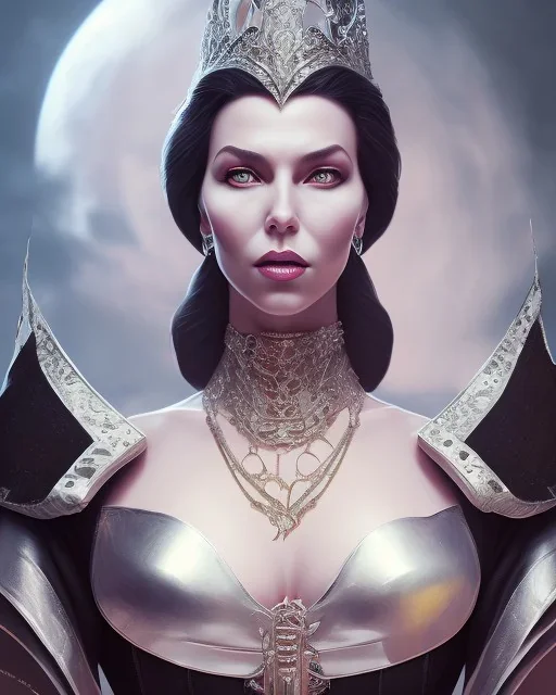 evil queen in black leather gown, busty, cleavage, angry, emperious, 8k resolution concept art portrait by Greg Rutkowski,