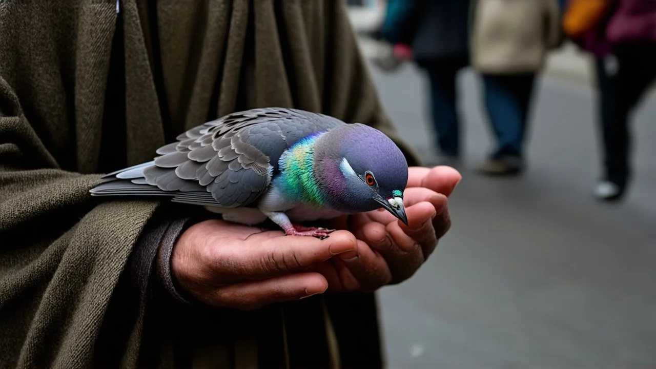 Create an intimate and unsettling scene where a skilled street performer, dressed in a worn, earth-toned cloak, grasps a plump, iridescent pigeon between their calloused fingers, which seem to squeeze the bird's fragile body with a mixture of tenderness and menace. The camera zooms in tight on the performer's hands, capturing the intricate details of the pigeon's feathers, its beak, and the subtle wriggling of its wings a