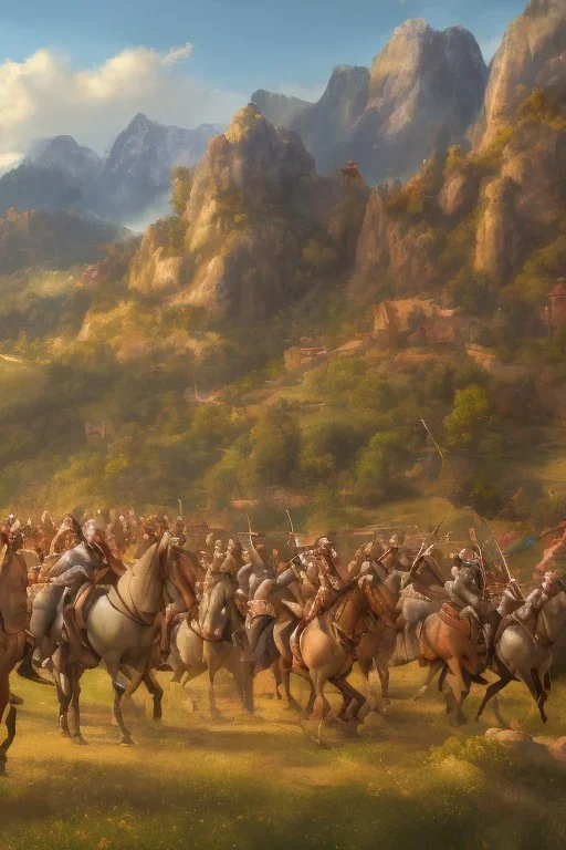 detailed oil painting, renaissance style, of mounted knights galloping across an open field, swords in hand, mountains in distance