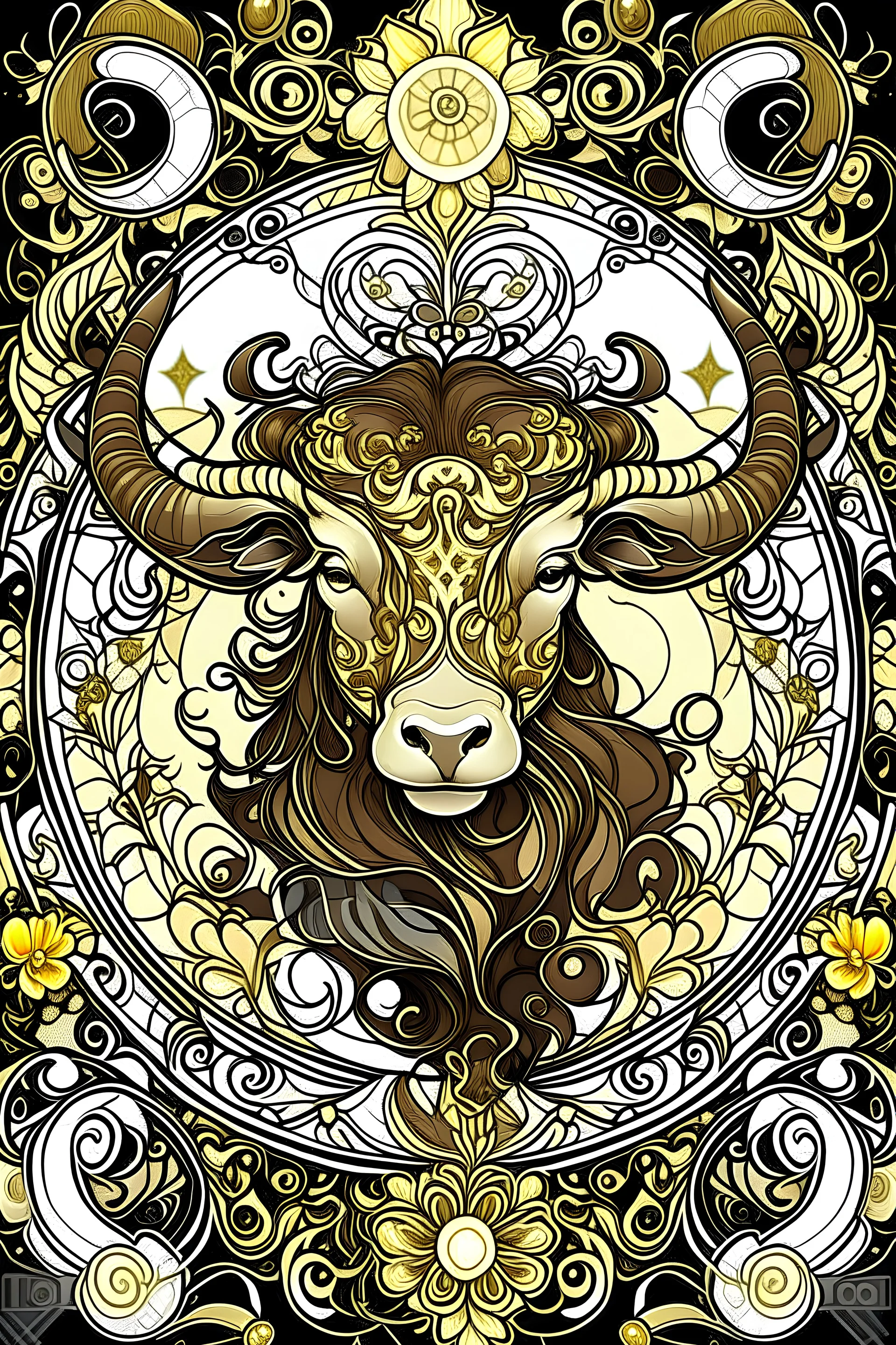 taurus zodiac sign | centered | symmetrical | key visual | intricate | highly detailed | iconic | precise lineart | vibrant | comprehensive cinematic | stars I alphonse mucha style illustration | very high resolution | sharp focus | poster | no watermarks, plain background