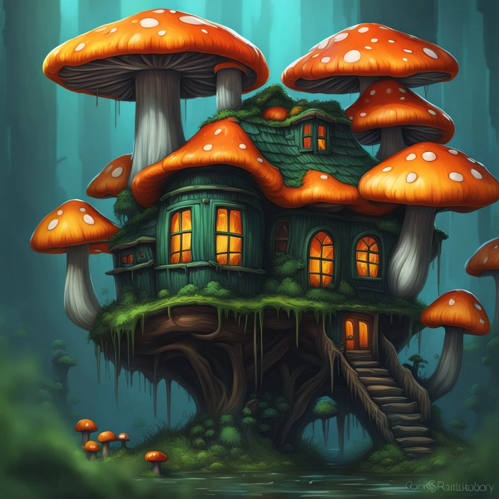 A weird mushroom house with drippy spots on a floating space island. black green blue orange. Detailed gloss Painting, rich color, fantastical, intricate detail, splash screen, hyperdetailed, insane depth, concept art, 8k resolution, trending on artstation