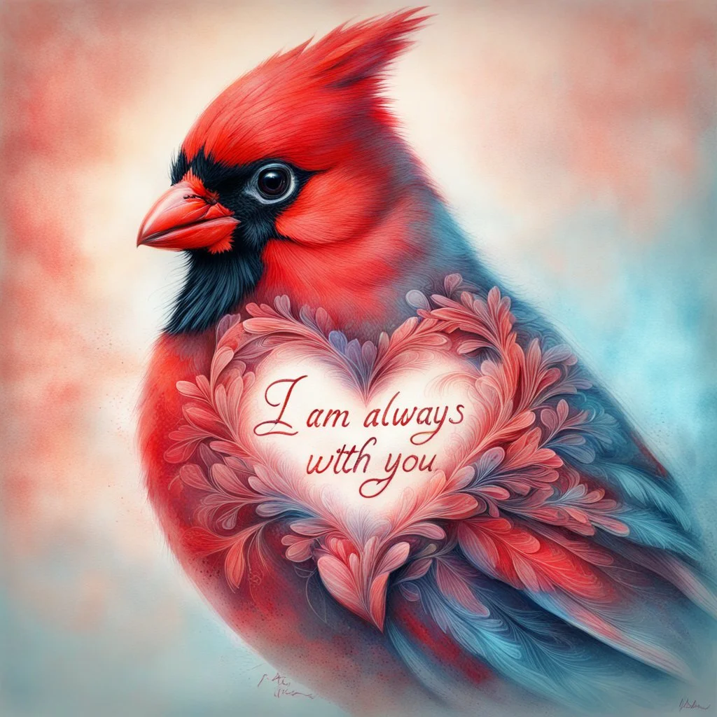 a vibrant digital chalk sketch painting featuring a double exposure image of a beautiful majestic red cardinal, ultra-detailed, within the body of the cardinal is a heart with the words "I AM ALWAYS WITH YOU" in a beautiful script