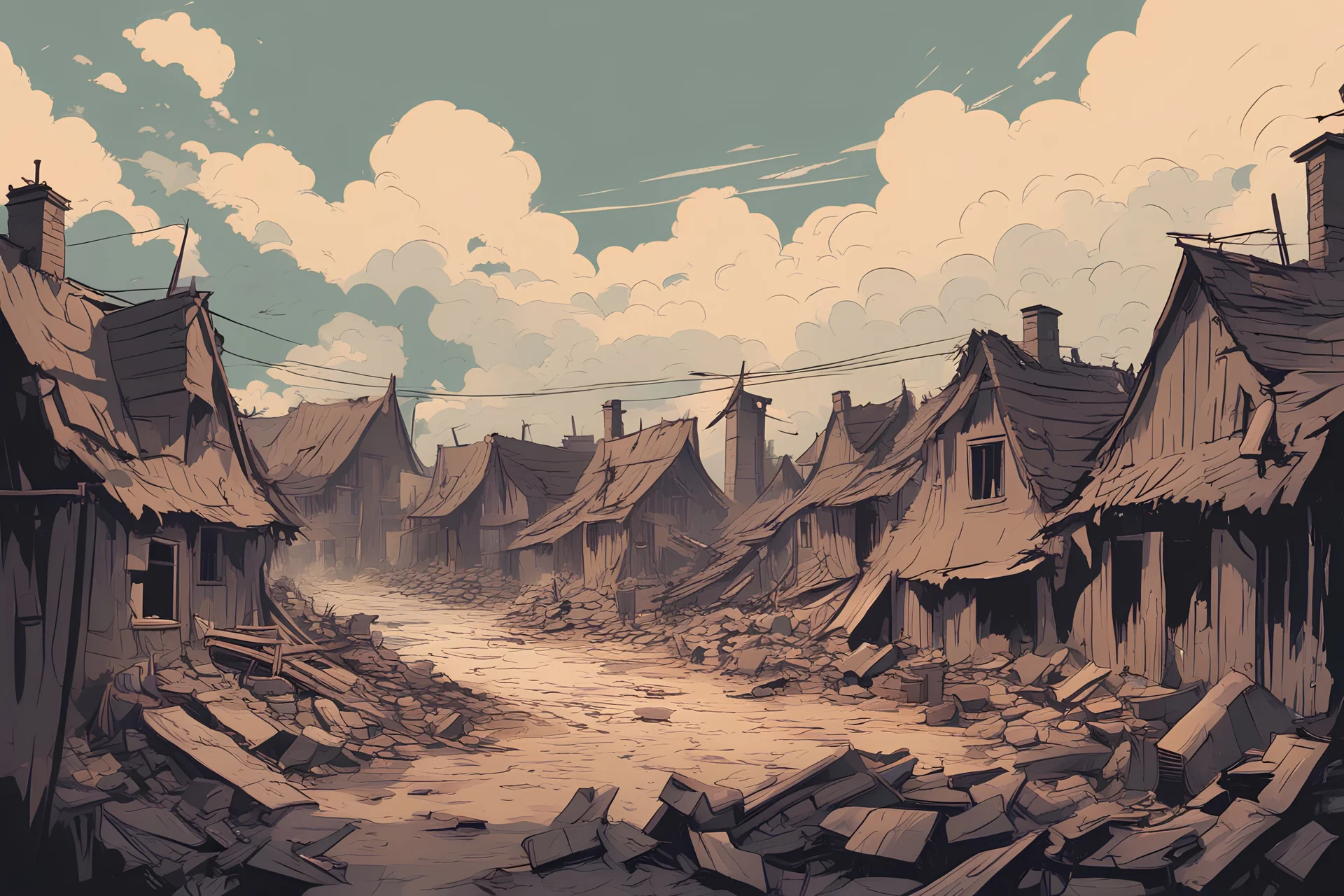 Village destroyed in the First World War, 1900 AD, Vector, Real Digital Painting, Vector, flat color, Vector Art, Vector,